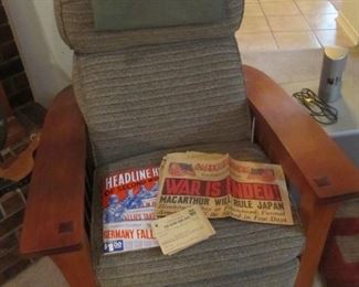 Stickley Arts & Crafts Recliner - beautiful & comfortable. Also, an original newspaper from the 1940s marking the end of WW2. as well as WAR rations