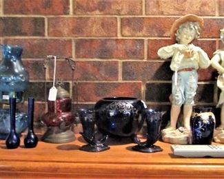 Silver & cranberry glass serving piece, cobalt & sterling silver 3pc set. Moon & stars oil lamps, 