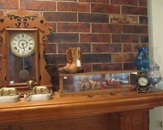 Antique mantle clock, 1950's child's cowboy boots, 1902 silver jubilee carriage (1977) in glass case miniature.