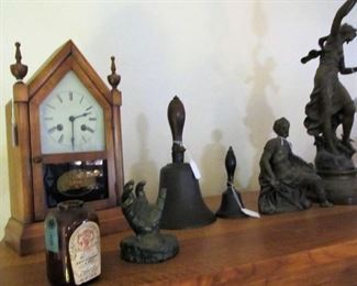 Another beautiful antique clock.  2 antique school bells.