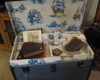 This beautiful antique trunk was redone years ago and looks great. Antique 20s-30s leather purse & 1920's high school memories book.
