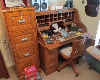 Gorgeous wooden file cabinet & antique 1900's roll top desk for that decerning executive.