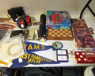 Antique school annuals, games, vintage sewing items, misc.
