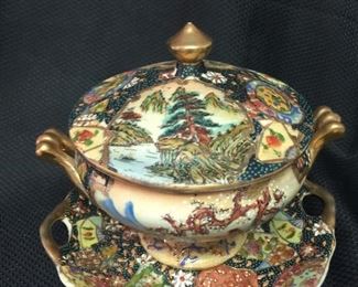 Vintage Satsuma Royal Bowl with lid and plate