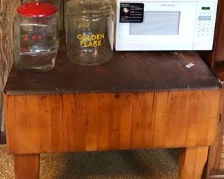 Butcher block and Golden Flake and Lance display jars from the old Galloway mining commisary.