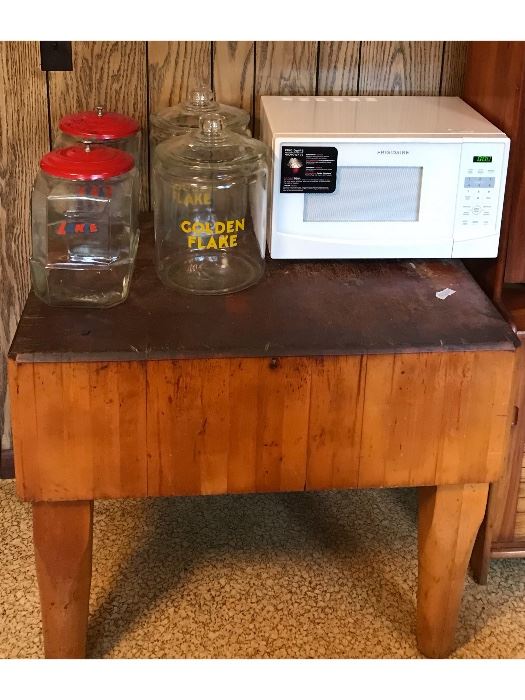 Butcher block and Golden Flake and Lance display jars from the old Galloway mining commisary.