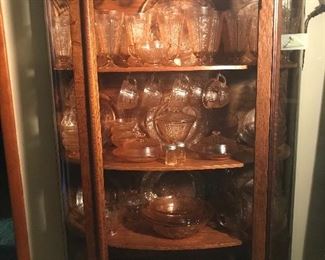 Depression Glass “Cabbage Rose”
(15) 9 inch plates
(15) double handled cups/soup bowls
(11) cups
(12) footed tea glasses
(6) salad plates
(12) 5 inch bowls
(20) saucers
(12) 6 inch bowls
(18) 6 inch plates
(1) tumbler
(4) 8 inch bowl
(12) sherbert
(1) square biscuit barrel/cookie jar
(1) creamer
(3) sugar
(2) sugar lid
(1) salt and pepper with lids
(1) footed candy dish
(2) butter dish with lid
(3) 12 inch platter
(2) 8.5 inch round vegtsble bowl 
(2) 9 inch oval vegtable
(2) 10 inch vegetable bowl
(1) footed cake plate 
(1) Pitcher
(6) footed tea glasses- 3 with chips
168 pieces