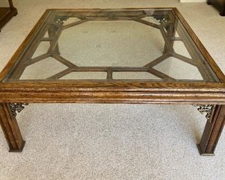 Wood Carved Coffee Table w/ Glass Inlaid Top and Brass Accents (40" Square x 16"H) - EXCELLENT CONDITION 