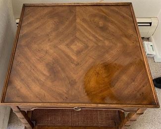 Vintage Midcentury Modern Drexel Heritage Burl Wood Top Sofa Console Table w/Cane Shelf (60"W x 13.75"D x 25"H)  EXCELLENT CONDITION