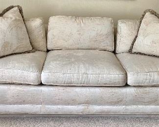 Custom 3-Cushion Sofa In Ivory Silk with Side Pillows and 2 Matching Fringed Throw Pillows - 91"Long - IMMACULATE CONDITION 