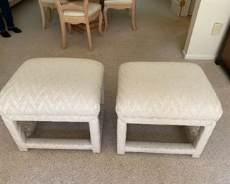 2 Vintage Parson's Style Ottoman Bench Stools Upholstered in Ivory Jacquard Linen (18"L x 22"W x 19"H) 