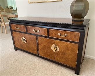 Vintage Century Furniture Chin Hua White Ash Burl Front Sideboard with Ebonized Maple Wood and Brass Hardware - (62"W x 18.5"D x 31.75"H) - IMMACULATE CONDITION