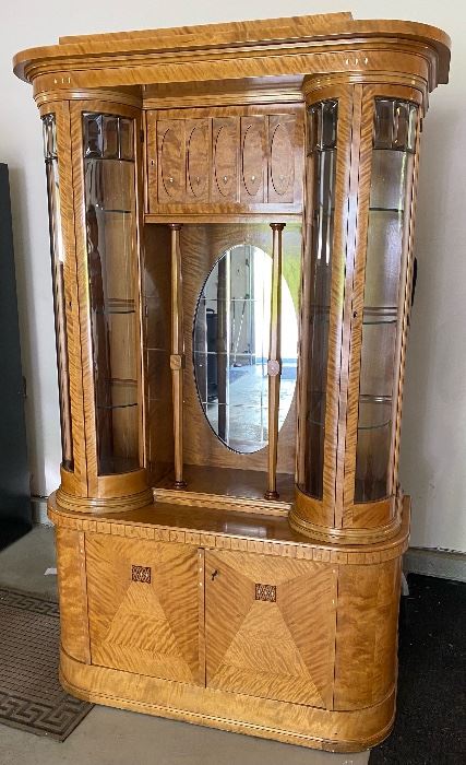 Antique Art-Deco Burl Wood & Mirrored Curio Display Cabinet with Curved Glass-Paneled Keyed Doors with Glass Shelves (70"H x 44W x 16.5"D) - EXCELLENT CONDITION