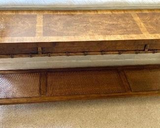 Vintage Midcentury Modern Drexel Heritage Burl Wood Top Sofa Console Table w/Cane Shelf (60"W x 13.75"D x 25"H)  EXCELLENT CONDITION