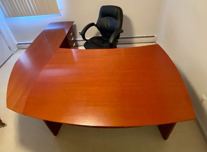 2-Piece Polished Wood Bow-Front L-Shaped Executive Desk w/Floating Top and 3-Drawer Filing Cabinet w/Key (Comes with Matching Wood Armchair w/Black Fabric Cushion and Black Leather Cushioned, Armed Rolling Desk Chair with Adjustable Seat) - EXCELLENT CONDITION (Front Piece - 73"L x 20.75"D x 28"H  //// Side Piece - 60"L x 36"D x 28"H //// Filing Cabinet - 16"W x 18"D x 26"H) 