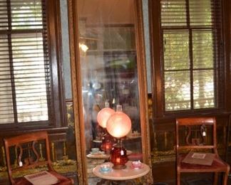 Antique Pier Mirror - marble top victorian side table - harp back side chairs - Fenton lamp