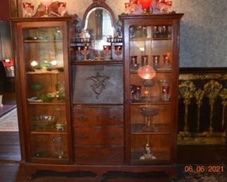 Tiffin - Kings Crown - Cranberry - Waterford - Vaseline glass - Antique Secretary with display cabinets