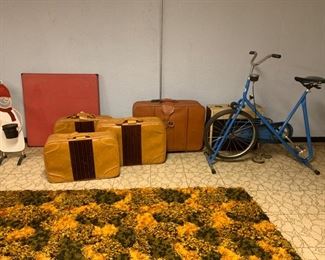 Vintage leather suitcases, shag rug, exercise bike, card table