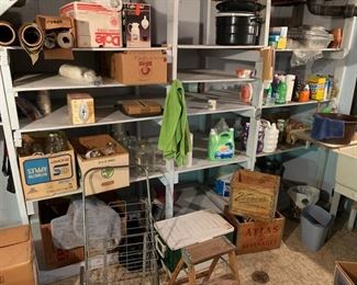 Canning jars, pull cart, step stool, vintage items