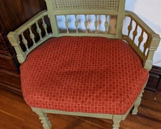 ANTIQUE CORNER CHAIR WITH WICKER SEAT (ONE BACK LEG HAS BEEN REPAIRED)