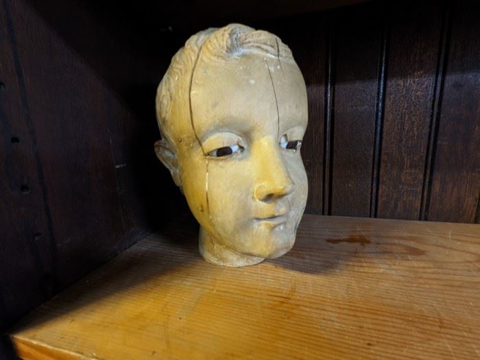 ANTIQUE CARVED WOOD HEAD with GLASS EYES