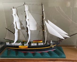 3 Master Schooner Vintage ship model 25"H xx 16 1/2"L Carved wood sails