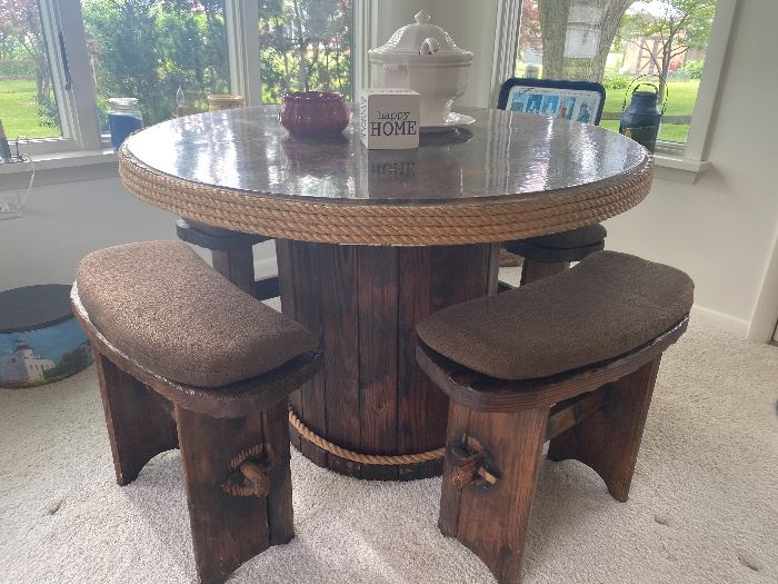 Vintage Wooden Spool Nautical Round Table w/ (4) Bench Seats...Neat!