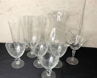 Etched Clear Glass Pitcher and Glasses
