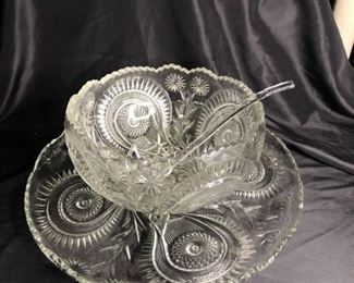 Pressed Glass Punch Bowl, Ladles and Plate
