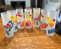 Vintage FEDERAL FROSTED FRUIT PRINT GLASS 7 inch Tom Collins Mid Century Modern