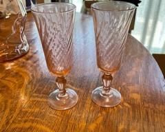 Set of  7 Vintage Blush Pink Champagne Glasses - Boho / Eclectic Kitchen - Bar Cart Accessories - Pink Depression Glass Goblets