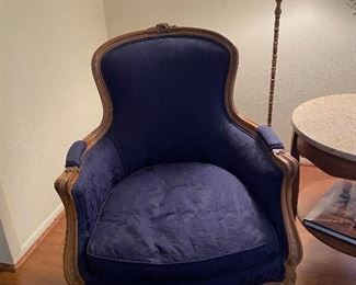 ANTIQUE FRENCH ARM CHAIR UPHOLSTERED IN A REGAL BLUE
