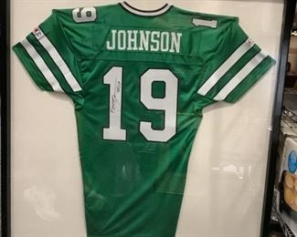 Framed Vintage NY Jets Keyshawn Johnson Signed Jersey
