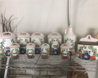 Antique hand-painted canister set marked Czechoslovakia from the 1920's. The bold, colorful flowers are so vibrant. 