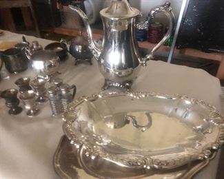 Silverplate serving pieces and shot glasses