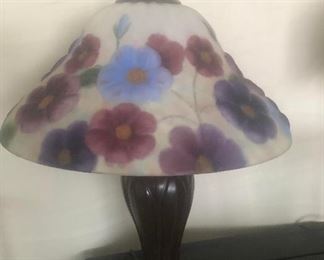 Soft colors! Reproduction stained glass table lamp with antiqued base