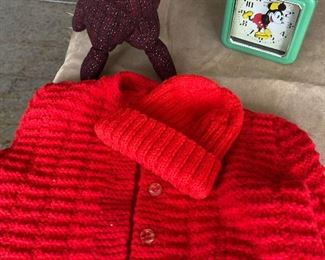 Vintage hand-knit sweater and cap and hand-made stuffed horse