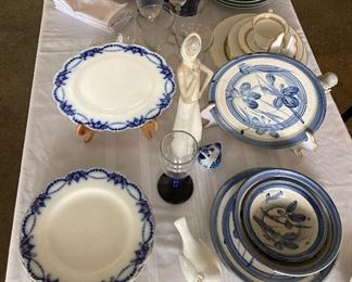 Flow blue dishes, hand thrown pottery, Oxford by Lenox china, Lladro statuette, rice china plates and bowls, crystal stemware
