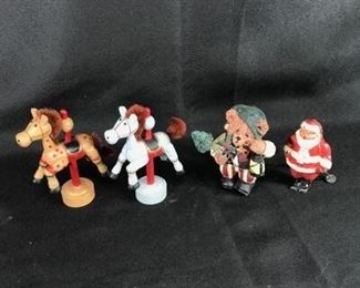 4 Holiday Figurines Skiing Santa, Teddy, Ponies