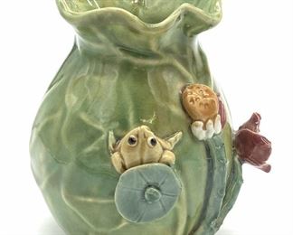 Vintage Glazed Majolica Vase with Frog Figural
