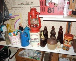 Enamelware, Campfire Marshmallow Tin, Animal Cracker Tin, Syrup Bottles, Lantern, misc.