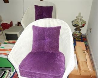Wicker Chairs with Purple Velour Cushions