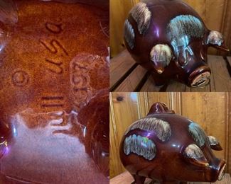 197 Hull USA Rare Corked Brown Aqua Drip Glazed Pottery Piggy Bank