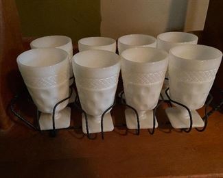 Set of 8 Vintage McKee Thumbprint Milkglass Pedestal Tumblers 