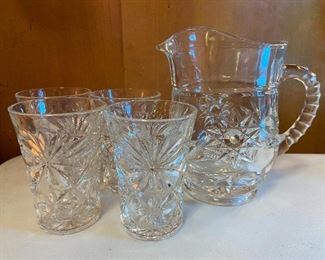 Vintage Sunburst Pressed Glass set of 4 Juice Glasses
Vintage Sunburst Pressed Glass Small Pitcher 