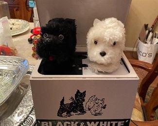 Vintage 1960's black & white blended scotch whiskey terrier dogs jack-in-the-box