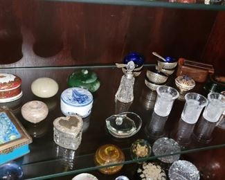 Pill Box Collection Limoges, Sterling Crystal, Chinese Cloisonne, Lalique shot glasses, Sterling Cobalt Salt