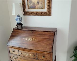 Antique mother of pearl inlay desk, "Still Hopelessly Devoted" Original Oil on Linen by Stephen Shortridge art 12'x12'