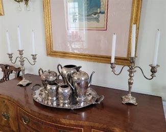 Silver plated Candelabras and Tea Set 