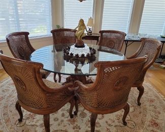 Drexel Carved Wood Cane Back Table and Chairs 